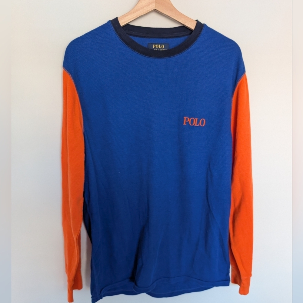 Polo Ralph Lauren Thermal Shirt Men's XL Colorblock Blue Orange Embroidered